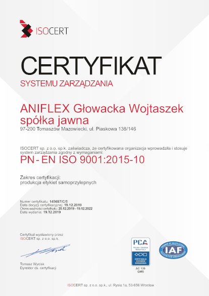 Certyfikat ISO 9001 Aniflex