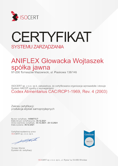 Certyfikat HACCP Aniflex